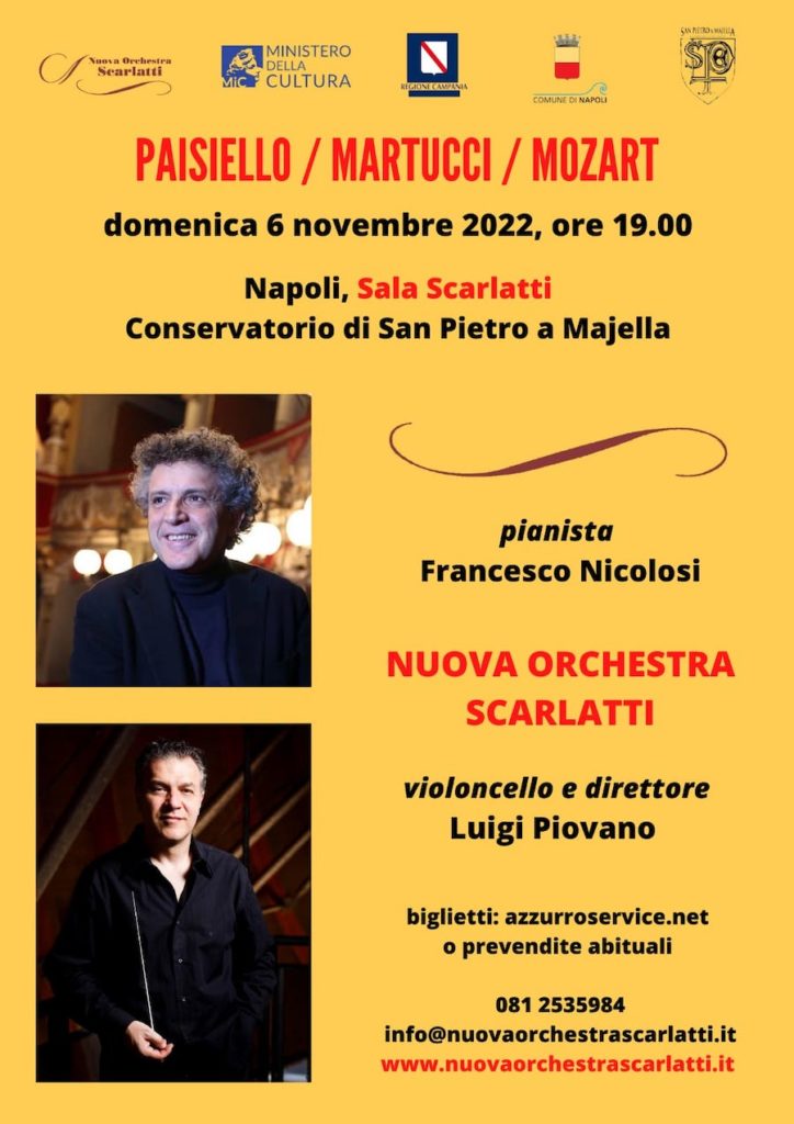 Paisiello, Martucci, Mozart, 6 Novembre ore 19:00 Napoli, Sala Scarltti
