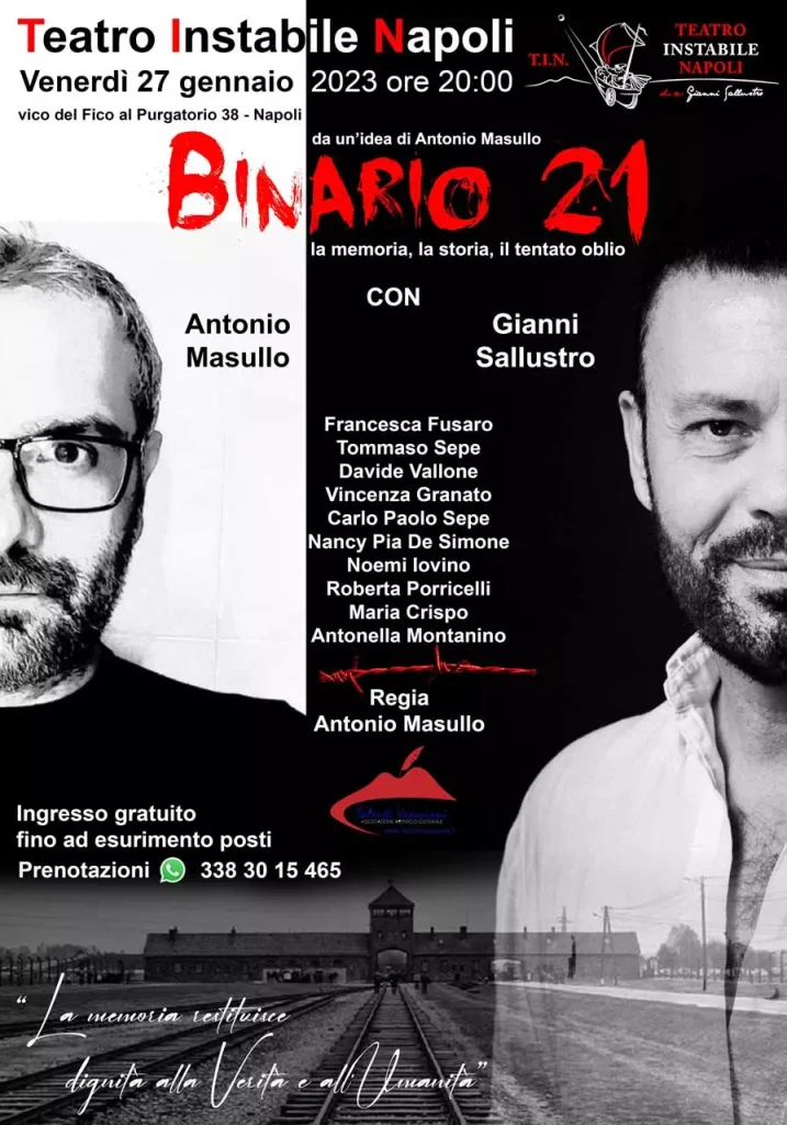 La locandina dello spettacolo "Binario 21: la memoria, la storia, il tentato oblio" evento con ingresso gratuito al Teatro Instabile Napoli