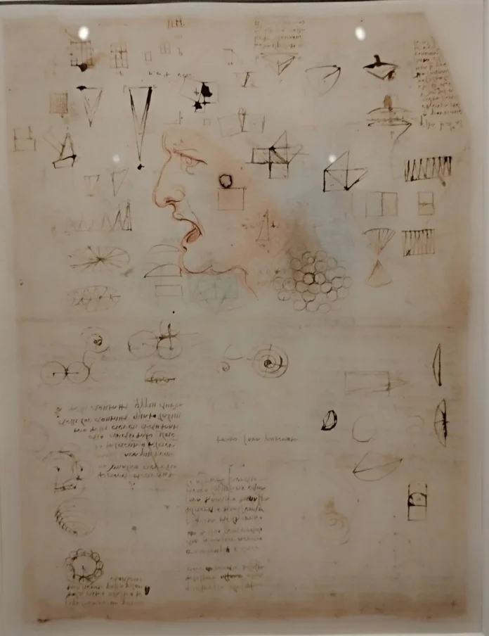 Foglio originale del Codice Atlantico di Leonardo da Vinci esposto nella mostra di Napoli al Chiostro di Santa Chiara