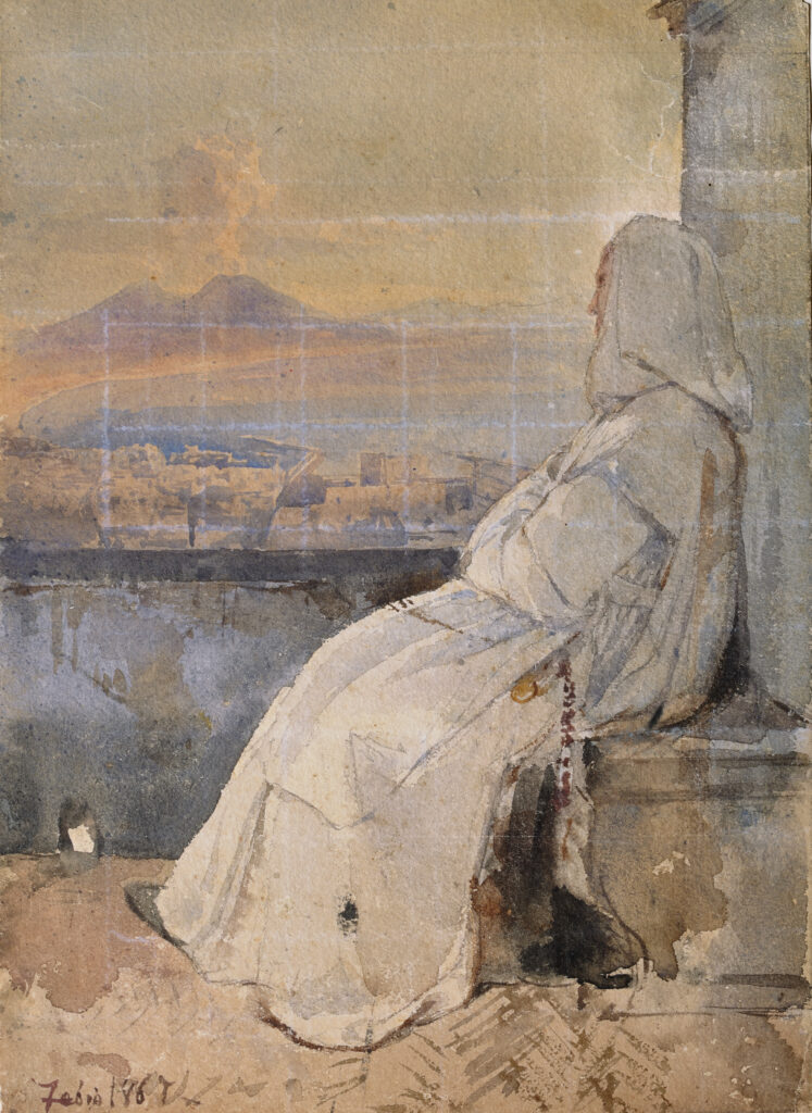 Monaco seduto nella loggetta della Certosa di San Martino di Giacinto Gigante, gouache dell’Ottocento napoletano