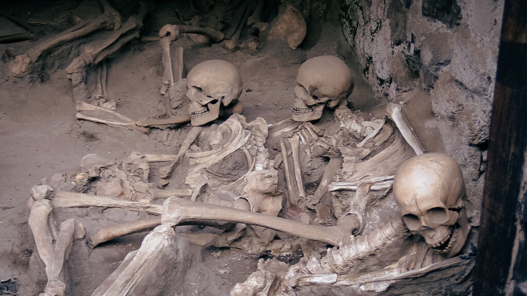 Resti scheletrici rinvenuti nei fornici di Herculaneum, testimonianza della tragedia del 79 d.C.